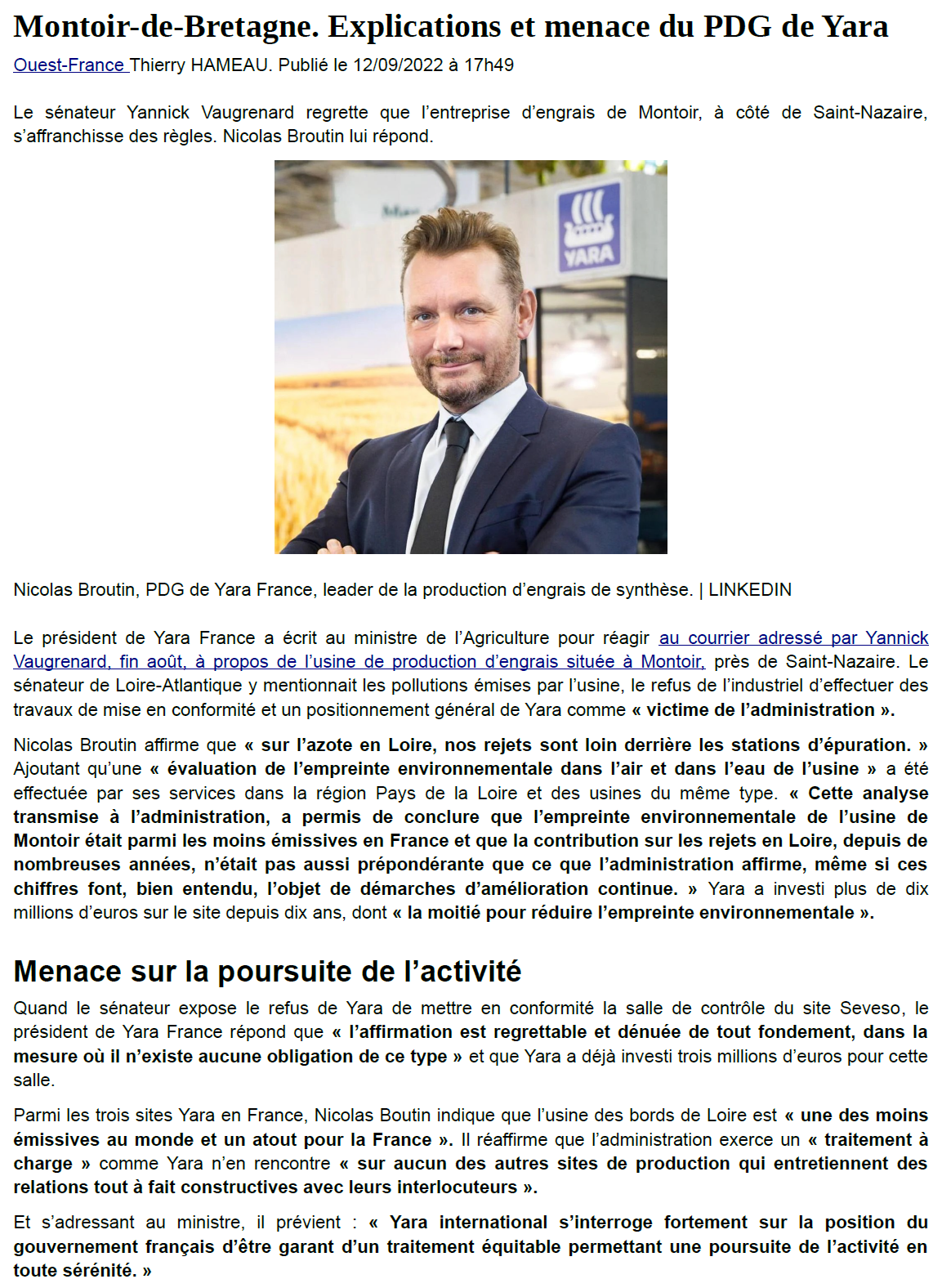Article of 12 septembre explications et menaces du pdg de yara